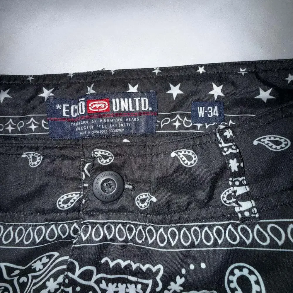 Ecko Unltd Black Bandana Paisley Print Men's Board Shorts size 34W